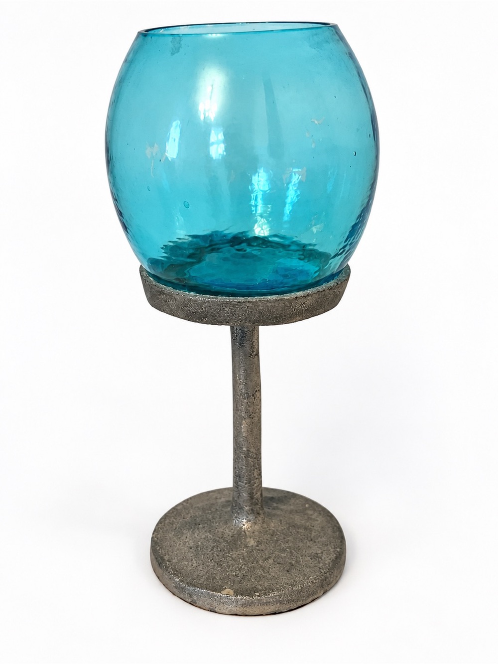 Turquoise Blue Glass Tealight Holder on Metal Pedestal